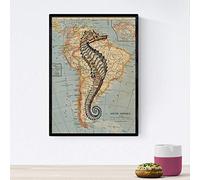 Nacnic Posters de objetos sobre mapas. Lámina Caballito de mar blanco y negro, con diseño de objetos sobre mapas vintage. Tamaño A4