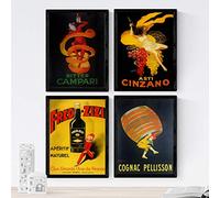 Nacnic Posters Vintage. Posters con anuncios Antiguos. Cuatro Carteles Vintage de Bebidas alcohólicas. Vermut, Cinzano, Cognac. Tamaño A3 con Marco