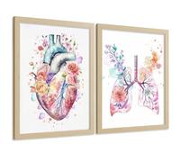 Nacnic Set 2 Cuadros De Anatomía Humana Láminas Con Corazón Y Sistema Respiratorio Estilo Moderno Floral Tamaño A4 Marco Madera Clara