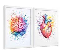 Nacnic Set 2 Cuadros Decorativos Anatomía Contemporánea Láminas Y Posters Con Cerebro Y Corazón Ilustración Artística Multicolor Estilo Acuarela Tamaño A3 Marco Blanco