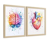 Nacnic Set 2 Cuadros Decorativos Anatomía Contemporánea Láminas Y Posters Con Cerebro Y Corazón Ilustración Artística Multicolor Estilo Acuarela Tamaño A4 Marco Madera Clara