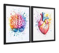 Nacnic Set 2 Cuadros Decorativos Anatomía Contemporánea Láminas Y Posters Con Cerebro Y Corazón Ilustración Artística Multicolor Estilo Acuarela Tamaño A3 Marco Negro