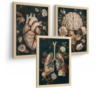 Nacnic Set 3 Posters De Anatomía Láminas Y Cuadros Decorativos Con Corazón Cerebro Pulmones Sistema Respiratorio Estilo Vintage Floral Verde Y Dorado Tamaño A3 Marco Madera Clara