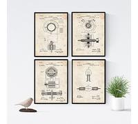 Nacnic - Set 4 Cuadros Patentes Electricidad - Láminas Vintage con Inventos y Planos Eléctricos - Decoración Arte Mural para Interiores Hogar