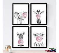 Nacnic - Set 4 Láminas con Animales Infantiles Chicle Rosa - Poster Ilustracion de Elefante, Jirafa, Cebra y León - Impresión Arte Mural para Niños