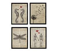 Nacnic Set 4 Láminas con Definiciones y Textos Vintage | Dibujo Caballito de Mar, Diente de León, Libélula y Pareja de Esqueletos | Tamaño A4