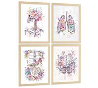 Nacnic Set 4 Láminas De Anatomía Humana Posters Y Cuadros Con Calavera, Pulmones, Sistema Digestivo Y Cerebro Estilo Acuarela Floral Tamaño A3 Marco Madera Clara
