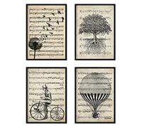 Nacnic - Set 4 Láminas Vintage Partituras Musicales - Árbol Vida, Bicicleta, Diente de León y Globo Antiguo - Póster Decoración de Pared del Hogar