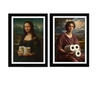 Nacnic Set de 2 Cuadros Clásicos de Mona Lisa con Papel Higiénico Ilustración Divertida en Estilo Vintage para Decorar, Arte de Pared para Inodoro, Baño, WC A4 Marco Negro