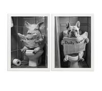 Nacnic Set de 2 Cuadros de Animales con Periódico en el WC, Perro, Cerdo, Blanco y Negro con Ilustración Impresa en Estilo B/N para Decorar las Paredes del Baño, A4, Marco Blanco