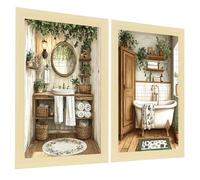 Nacnic Set de 2 Cuadros de Baño Rústicos con Ilustración Impresa en Estilo Pintura al Óleo Vintage para Decorar, Arte de Pared para Casa de Campo Inodoro, Ducha, Baño, WC A4 Marco de Madera Clara