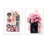 Nacnic Set de 2 Cuadros de Maquillaje y Cosmética con Flores Rosas, Ilustración impresa para decorar las paredes del WC, Tocador, Baño, Vestidor, Salón A4 Marco Negro
