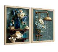 Nacnic Set De 2 Cuadros Decorativos Baño Poster Estetico Para Pared Lavabo Ducha Y Wc Decoracion Baño Moderna Con Flores Botellas Y Ducha Vintage A4 Marco Madera Clara