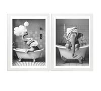 Nacnic Set de 2 Cuadros Elefante en la Bañera con Simpáticos Animales en Blanco y Negro Ilustración impresa para decorar las paredes del Inodoro, Ducha, Cuarto de baño, Aseo, WC A4 Marco Negro