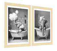 Nacnic Set de 2 Cuadros Elefante en la Bañera con Simpáticos Animales en Blanco y Negro Ilustración impresa para decorar las paredes del Inodoro, Ducha, Cuarto de baño, Aseo, WC A3 Marco Blanco
