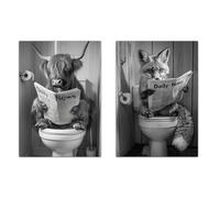 Nacnic Set de 2 cuadros en B/N con toro y zorro leyendo el periódico en el inodoro. Divertida decoración para baño, aseo o WC. Tamaño A3 con Marco Blanco