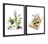 Nacnic Set De 2 Láminas Cocina Mediterránea Cuadros Pared Ajo Hierbas Y Aceitunas Acuarela Botánica Póster Decoración Comedor A4 Black Frame