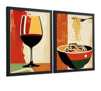 Nacnic Set De 2 Láminas Cocina Vintage Retro Cuadros Pared Vino Tinto Y Pasta Estilo Cartel Clásico Póster Decoración Comedor A3 Marco Negro