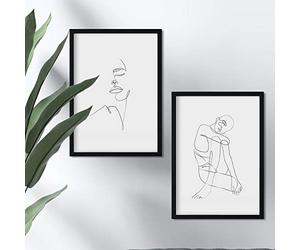 Nacnic Set de 2 láminas de Dibujos con un Solo Trazo Rostro Mujer, Lateral y Frontal y Desnudo Femenino. Posters con una Sola Linea. Tamaño A4 sin Marco