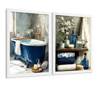 Nacnic Set De 2 Laminas Decorativas Baño Cuadros Modernos Poster Para Pared Lavabo Ducha Wc Y Aseo Decoracion Elegante Con Bañera Azul Y Accesorios Estilo Spa Chic A3 Marco Blanco