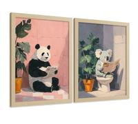 Nacnic Set De 2 Laminas Decorativas Baño Cuadros Originales Y Divertidos Poster Para Pared Lavabo Ducha Wc Y Aseo Con Animales Leyendo En El Baño Estilo Moderno A3 Marco Madera Clara