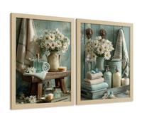 Nacnic Set De 2 Laminas Decorativas Baño Cuadros Poster Estilo Shabby Chic Floral Para Pared Lavabo Ducha Wc Y Aseo Decoracion Romantica Con Flores Y Toallas A4 Marco Madera Clara