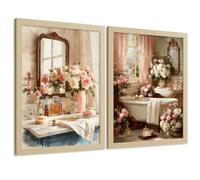Nacnic Set De 2 Laminas Decorativas Baño Estilo Romántico Vintage Cuadros Con Rosas Espejo Y Bañera Poster Elegante Decoración Hogar A4 Marco Madera Clara