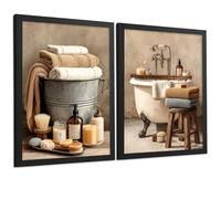 Nacnic Set De 2 Laminas Decorativas Baño Estilo Rústico Cuadros Spa Vintage Con Toallas Y Bañera Posters Decoracion Hogar A4 Marco Negro