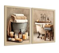 Nacnic Set De 2 Laminas Decorativas Baño Estilo Rústico Cuadros Spa Vintage Con Toallas Y Bañera Posters Decoracion Hogar A3 Marco Madera Clara