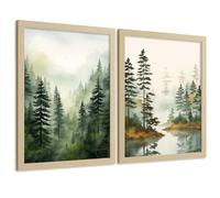 Nacnic Set De 2 Laminas Decorativas Paisaje Bosque Nordico Cuadros Salon Modernos - Posters Decorativos Verdes Y Marrones Decoración Dormitorios Salon A4 Marco Madera Clara