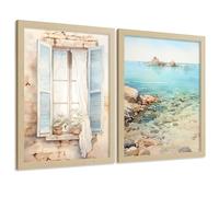 Nacnic Set De 2 Laminas Decorativas Pared Mar, Relax Salon Modernos - Posters, Cuadros Decorativos Azules. Mediterraneo. Decoración Dormitorios. A4 Marco Madera Clara