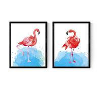 Nacnic Set de 2 láminas enmarcadas con Marco Negro y plexiglas. Estilo Acuarela. Flamencos con Gota Azul. Tamaño A4