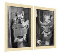 Nacnic Set de 2 Pósters de Animales con Periódico en el WC, Perro, Cerdo, Ilustración en Blanco y Negro en Estilo B/N para Decorar las Paredes del WC, Baño, Lavabo, WC A3 Sin Marco