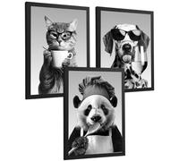 Nacnic Set De 3 Láminas Animales Divertidos Blanco Y Negro Cuadros Cocina Gato Dálmata Y Panda Chef Póster Decoración Pared A4 Black Frame