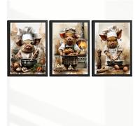 Nacnic Set De 3 Láminas Cerdo Panadero Cuadros Cocina Animal Chef Amasando Pan Estilo Ilustración Póster Decoración Pared Comedor A4 Marco Negro
