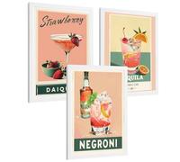 Nacnic Set De 3 Láminas Cócteles Vintage Cuadros Cocina Daiquiri Tequila Sunrise Y Negroni Retro Póster Decoración Pared Bar A4 Marco Blanco