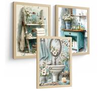 Nacnic Set De 3 Laminas Decorativas Baño Cuadros Poster Estilo Vintage Cottage Para Pared Lavabo Ducha Wc Y Aseo Decoracion Floral Con Muebles Y Accesorios Baño A3 Marco Madera Clara