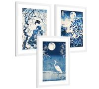 Nacnic Set De 3 Laminas Decorativas Pared Estilo Japon. Cuadros Salon Modernos - Posters Decorativos Azules Orientales. Arte Japones. Decoración Dormitorios. A4 White Frame