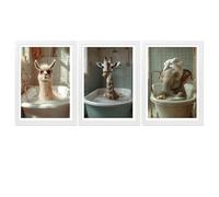 Nacnic Set de 3 pósters A4 con Marco Negro: elefante, jirafa y llama en bañera. Ilustraciones fotográficas divertidas para decorar inodoro, ducha, baño o WC con un toque simpático y original