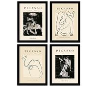 Nacnic Set de 4 Ilustraciones de Picasso. Colección Noir Tristeza. Ilustraciones en estilo Galería de Arte. Decoración de Interiores. A4 con marco negro.
