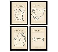 Nacnic Set de 4 Ilustraciones de Picasso. Paz. Ilustraciones de un Solo Trazo en estilo Galería de Arte. Pinturas para la Decoración de Interiores. A4 con marco negro.