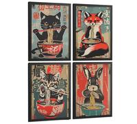 Nacnic Set De 4 Láminas Animales Ramen Japonés Cuadros Cocina Gato Zorro Y Conejo Comiendo Noodles Póster Decoración Pared A3 Marco Negro