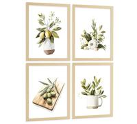 Nacnic Set De 4 Láminas Cocina Mediterránea Acuarela Cuadros Pared Limones Ajo Aceitunas Y Hierbas Aromáticas Póster Decoración Comedor A3 Marco Madera Clara