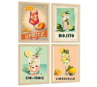 Nacnic Set De 4 Láminas Cócteles Vintage Cuadros Cocina Mojito Gin Tonic Y Limoncello Retro Colorido Póster Decoración Pared Bar A4 Marco Madera Clara