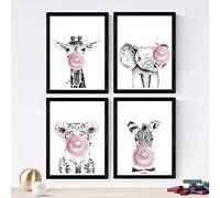 Nacnic Set de 4 láminas de Animales Infantiles Con Chicle Rosa, en tamaño A3, Poster papel 250 gr. Sin Marco.