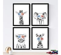 Nacnic Set de 4 láminas de Animales Infantiles Con Gafas 3D, en tamaño A4, Poster papel 250 gr. Sin Marco