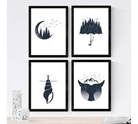 Nacnic Set de 4 láminas de Bosque Y Mar, en tamaño A4. Sin Marco