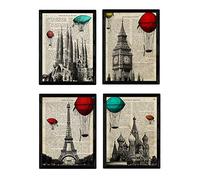 Nacnic Set de 4 láminas de Ciudades. Londres, Barcelona, Moscú, París. A4. con Marco