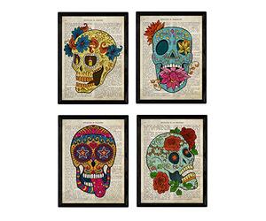 Nacnic Set de 4 láminas de Enciclopedia Vintage con Coloridas Calaveras Mexicanas Sugar Skull del Día de los Muertos. Tamaño A4. con Marco.