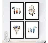 Nacnic Set de 4 láminas de Plumas De Colores Y Flores Boho, en tamaño A4, Poster papel 250 gr. Sin Marco